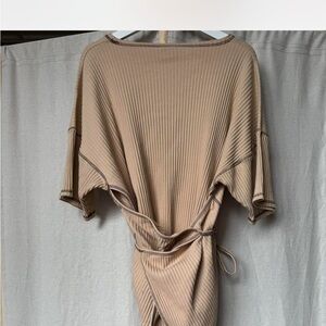 Elegant Tan Ribbed Wrap Tee